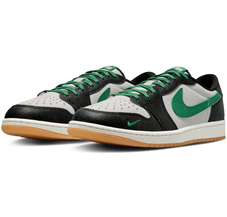 Air Jordan Black & White Low-Top Sneakers with Green Accents & Gum Sole
