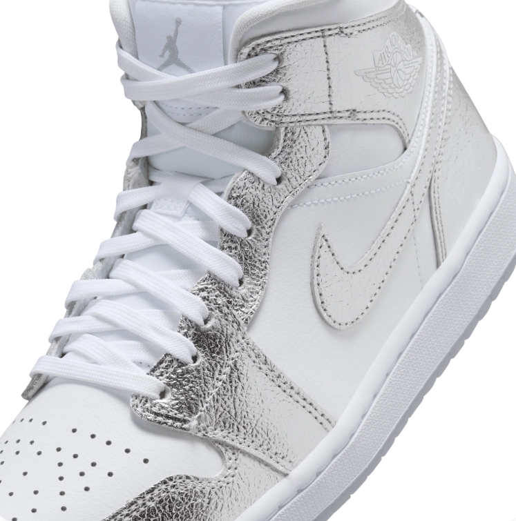 Air Jordan 1 Mid-Style Sneakers – White & Metallic Silver