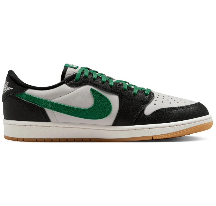 Air Jordan Black & White Low-Top Sneakers with Green Accents & Gum Sole
