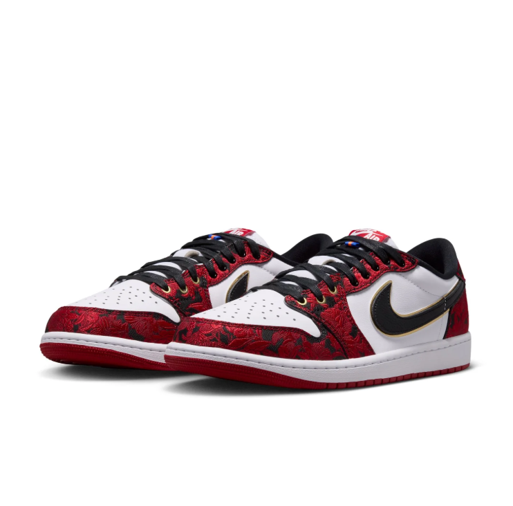 Air Jordan Red & White Patterned Low-Top Sneakers with Gold Accents