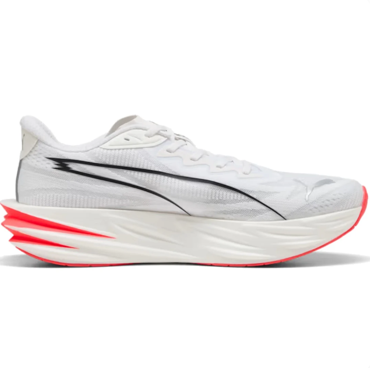 PUMA White & Black Running-Style Sneakers with Coral Red Sole