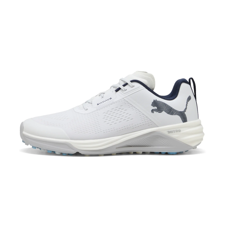 PUMA White Golf Shoes  White & Black with Blue Sole Accents