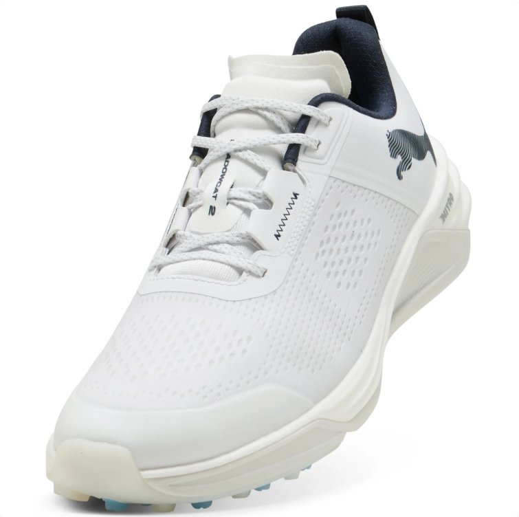 PUMA White Golf Shoes  White & Black with Blue Sole Accents