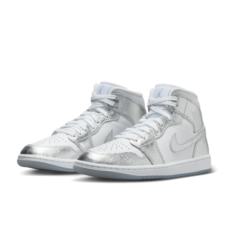 Air Jordan 1 Mid-Style Sneakers – White & Metallic Silver