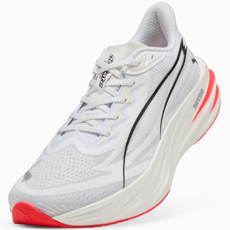PUMA White & Black Running-Style Sneakers with Coral Red Sole
