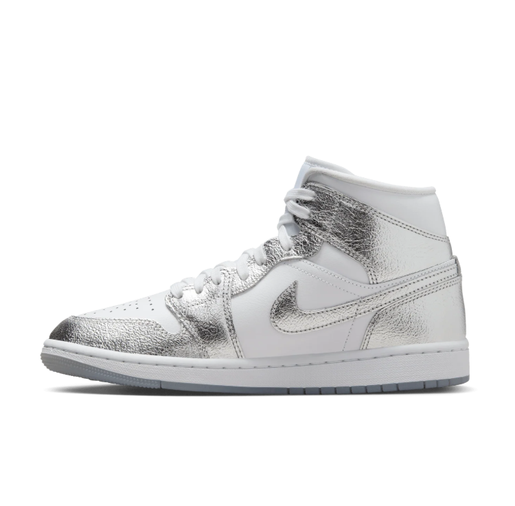 Air Jordan 1 Mid-Style Sneakers – White & Metallic Silver