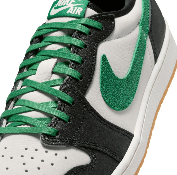 Air Jordan Black & White Low-Top Sneakers with Green Accents & Gum Sole