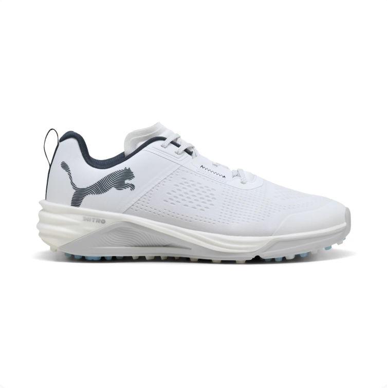 PUMA White Golf Shoes  White & Black with Blue Sole Accents