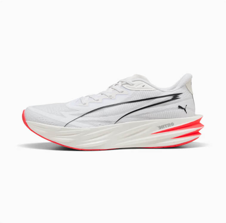 PUMA White & Black Running-Style Sneakers with Coral Red Sole