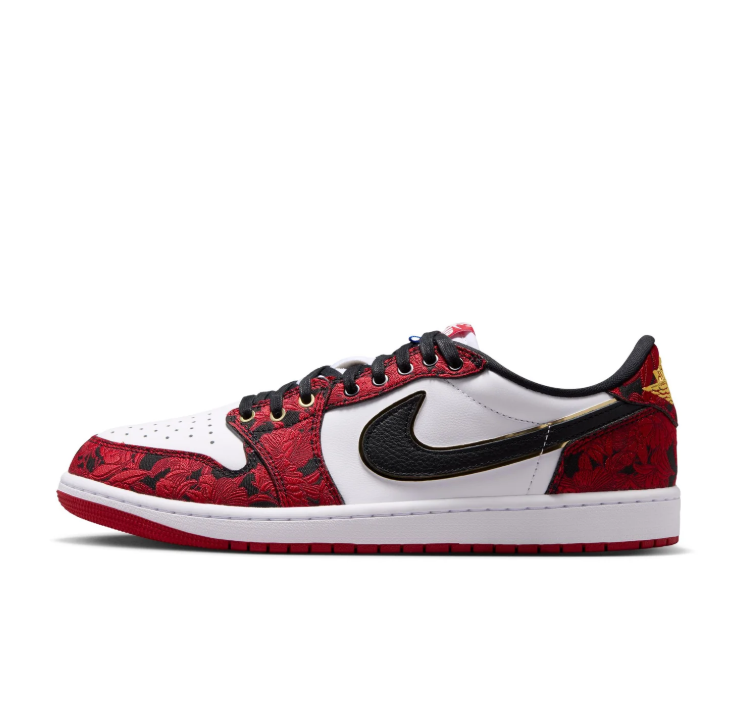 Air Jordan Red & White Patterned Low-Top Sneakers with Gold Accents