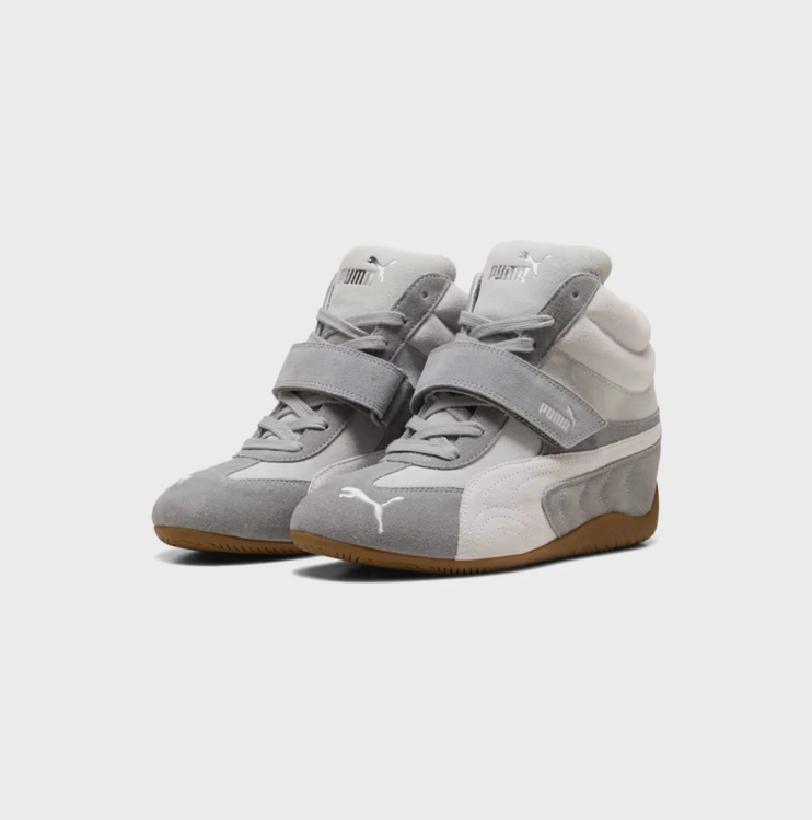 PUMA Grey & White High-Top Strap Sneakers with Gum Sole