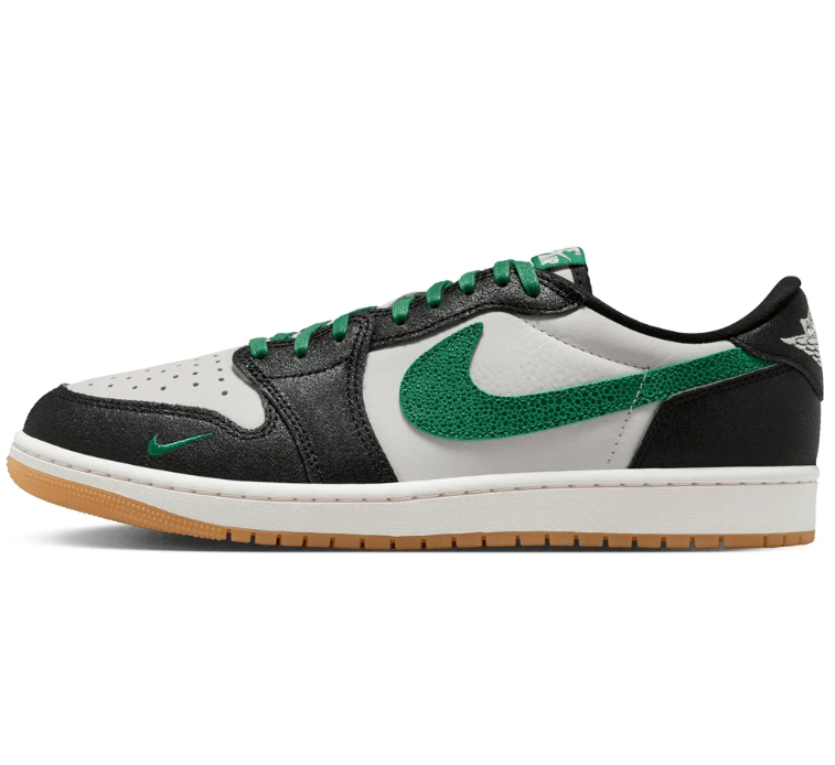 Air Jordan Black & White Low-Top Sneakers with Green Accents & Gum Sole