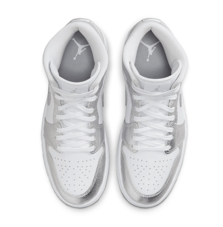 Air Jordan 1 Mid-Style Sneakers – White & Metallic Silver