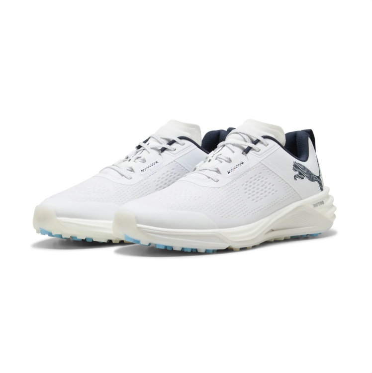 PUMA White Golf Shoes  White & Black with Blue Sole Accents