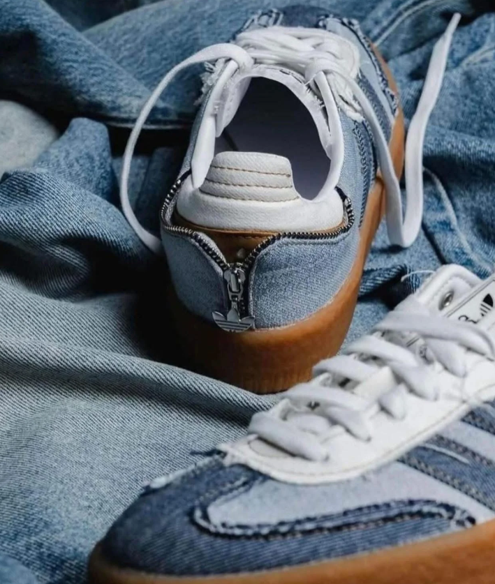 adidas Samba Denim-Look Platform Sneakers - Blue Patchwork & Gum Sole