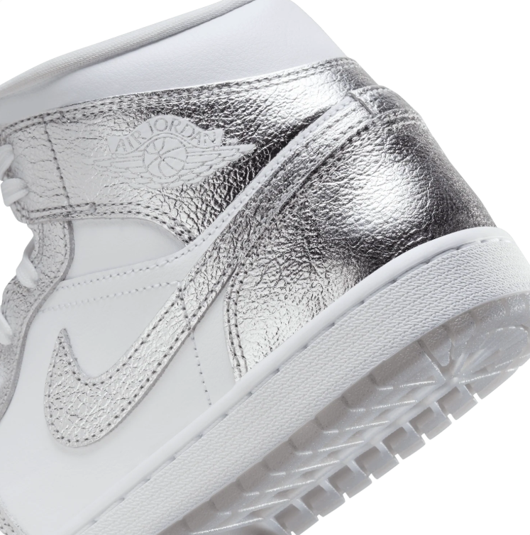 Air Jordan 1 Mid-Style Sneakers – White & Metallic Silver
