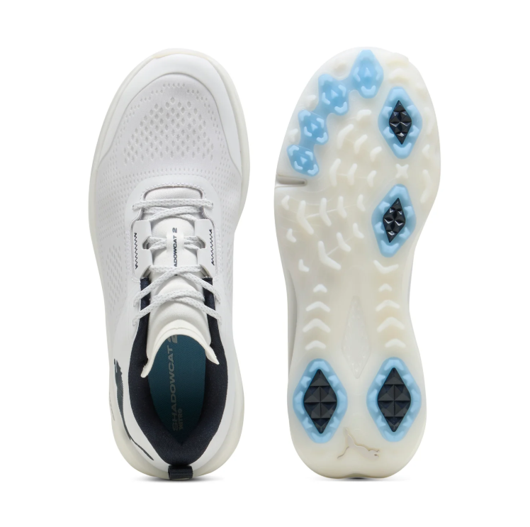 PUMA White Golf Shoes  White & Black with Blue Sole Accents