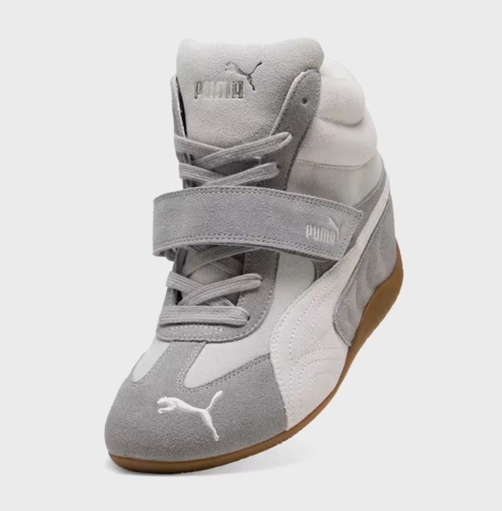 PUMA Grey & White High-Top Strap Sneakers with Gum Sole