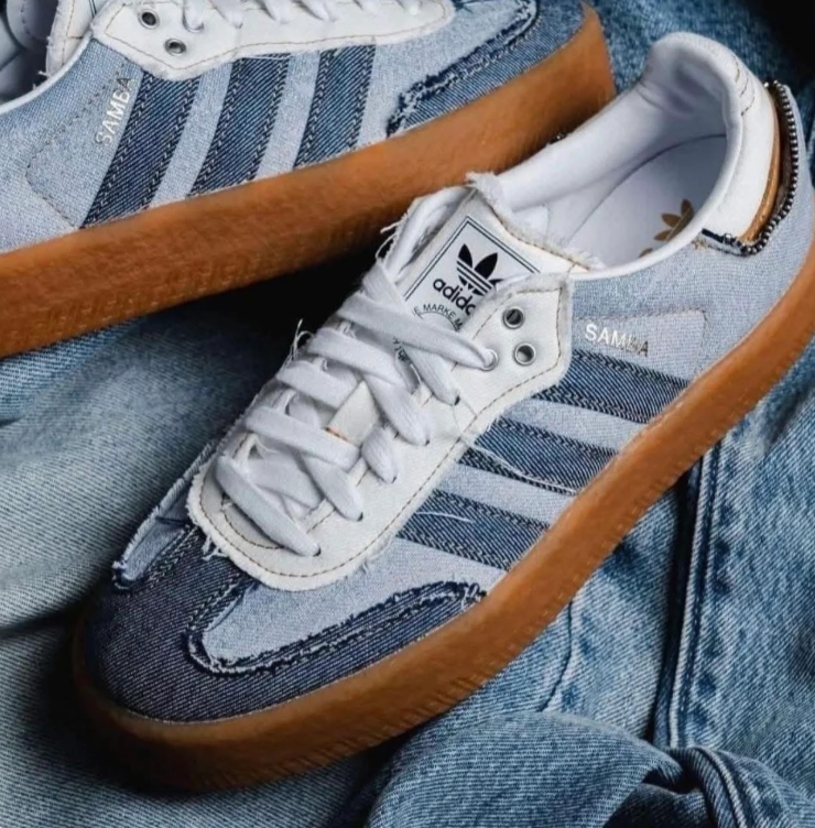 adidas Samba Denim-Look Platform Sneakers - Blue Patchwork & Gum Sole