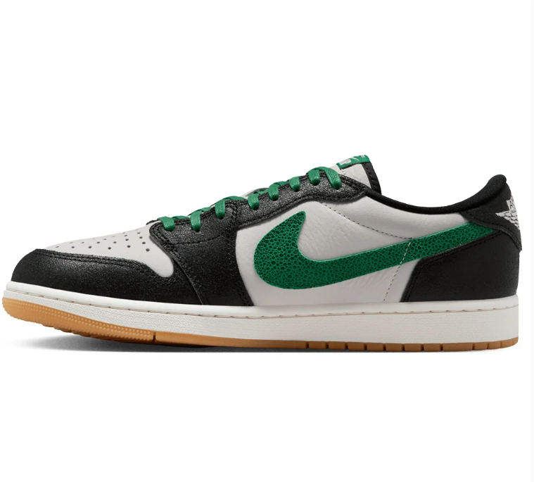 Air Jordan Black & White Low-Top Sneakers with Green Accents & Gum Sole