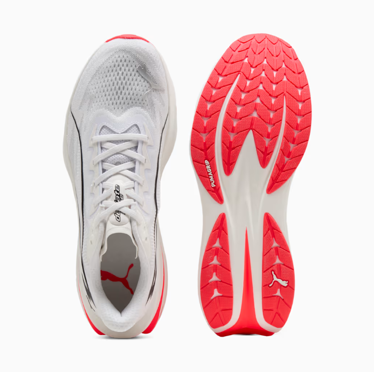 PUMA White & Black Running-Style Sneakers with Coral Red Sole