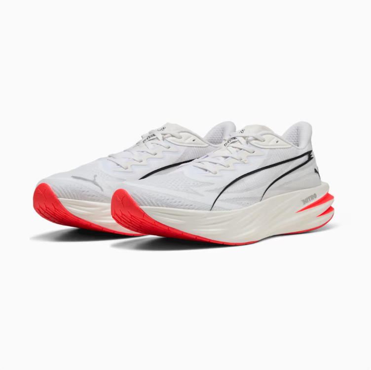 PUMA White & Black Running-Style Sneakers with Coral Red Sole
